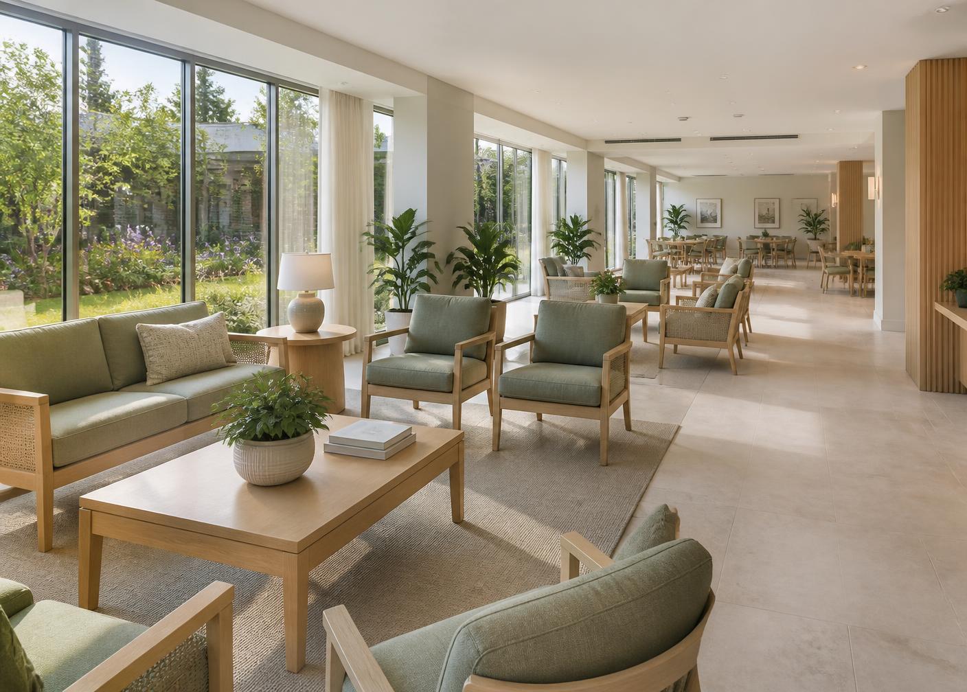 Illustrative senior housing lounge with communal seating and natural light