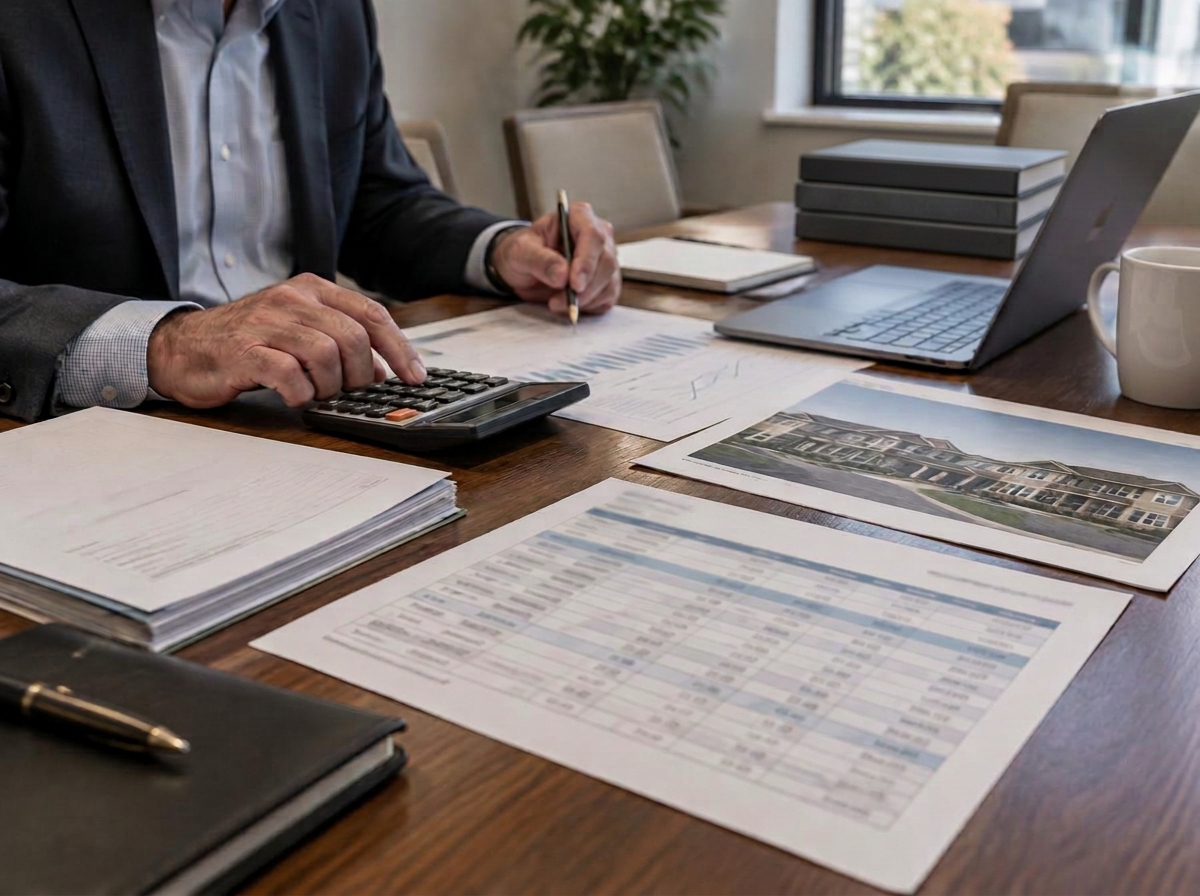 Financial analyst reviewing senior housing property records